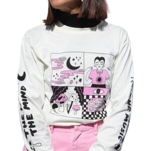 PART OT PLAN Pepita Sandwich art long sleeve white‎ crew neck tee shirt XL